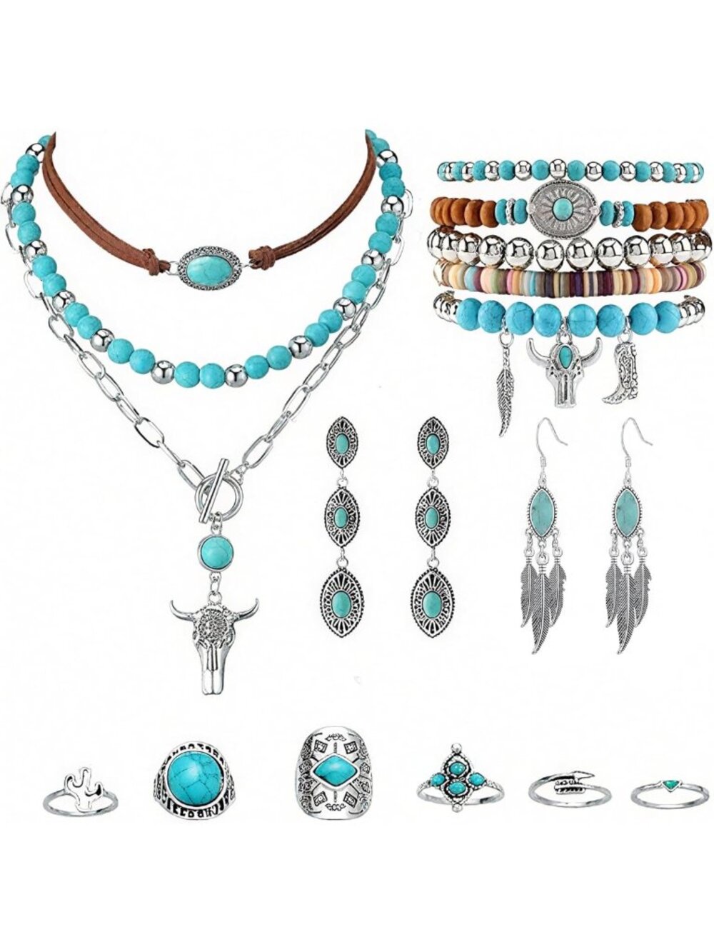 Bohemian Western Turquoise Jewelry Set: Necklace, Dangle Earrings, Stackable